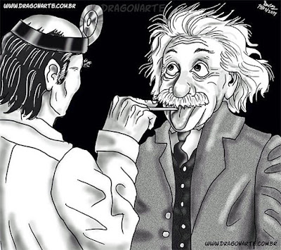 Albert Einstein streckt Zunge beim Arzt heraus - Karikatur 