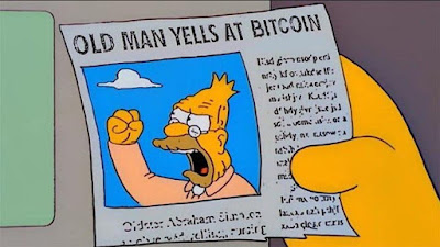 Alter Mann schreit Bitcoins an Grandpa Simpson lustig