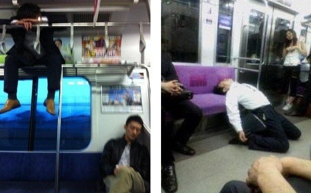Bahnfahren in Japan - schlafende Leute bei Feierabend