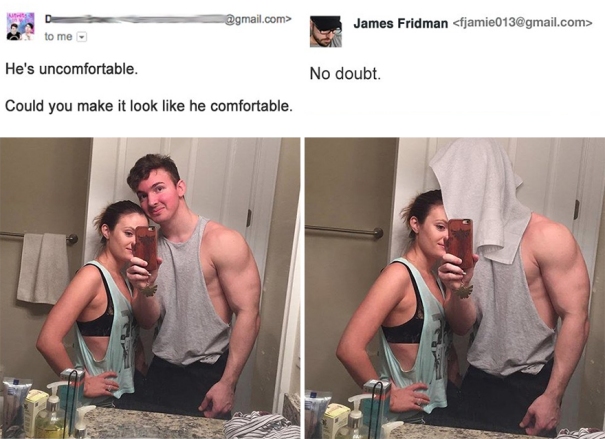 Bodybuilding Paar Selfie vor Badspiegel verändert - mit angespannten Gesichtsausdruck