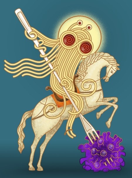 Kirche des fliegenden Spaghetti Monsters Gott gegen Corona Virus lustige Bilder