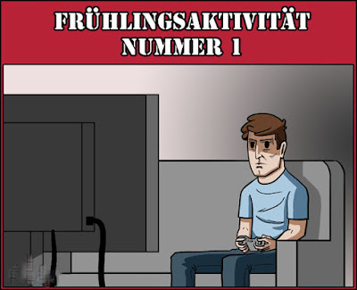 Lustiges Frühlingsaktivität Nummer 1 vor dem Fernseher spielen Frühlingsaktivität Nummer 1 vor dem Fernseher spielen