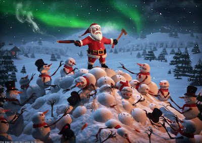 Weihnachtsmann zum lachen kämpft gegen Zombie Schneemänner
