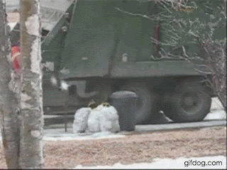 lustige animierte gifs - Müllauto - schlecht gelaunter Mann macht seine Arbeit