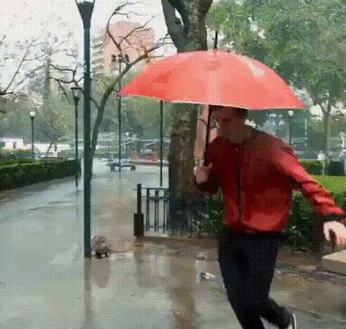 Mit Regenschirm bei schlechtem Wetter tänzeln 