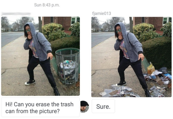 Witzige Frau posiert neben Mülleimer. Fotomontage 